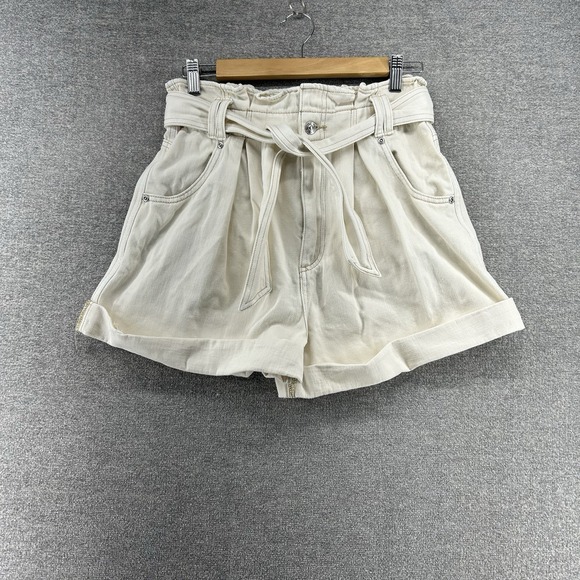 We The Free Paperbag Shorts Women Size Small Beige Belt 100% Cotton Denim - Picture 1 of 7